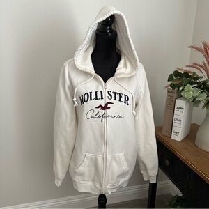 Hollister Cream Zip-Up Hoodie with Embroidered Logo Size Large